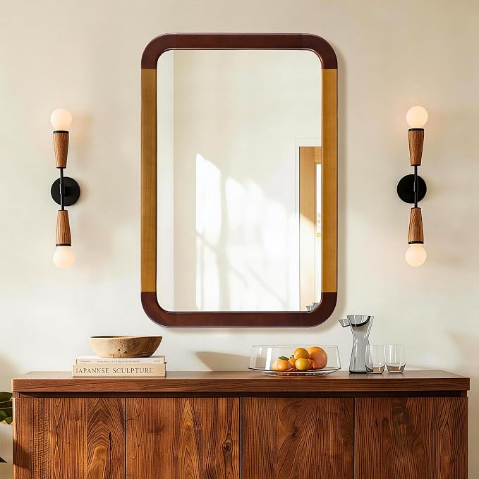 Bathroom Mirror 24 x 36 Inch,Brown Wood Rustic Rectangle Tempered Wall Mirror with Wood Frame,Round Corner Farmhouse Wooden Vanity Mirror for Living Room,Entryway or Bedroom（Walnut Brown）