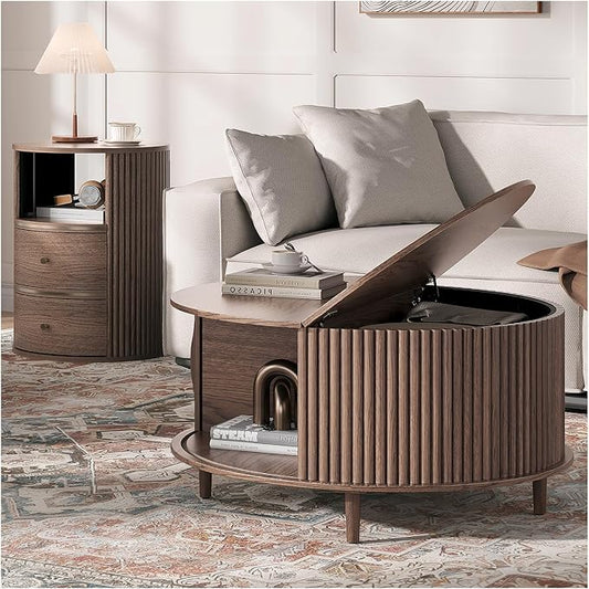 Round Coffee Table and End Table Set,31.5" Mid Century Modern Living Room Furniture, Walnut Fluted Center Table with Storage & Matching Side Table for Small Space