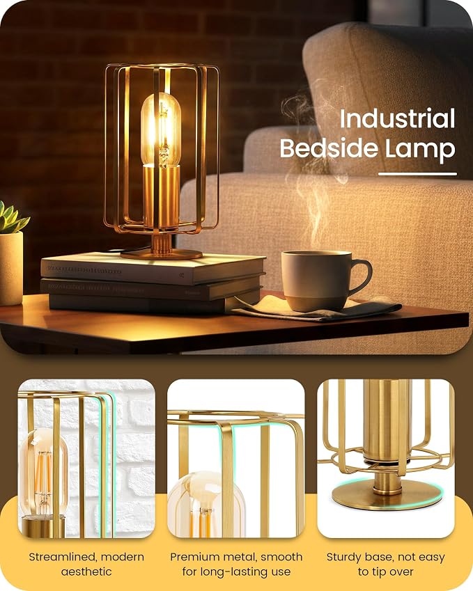 Industrial Table Lamp, 8.5" Small Brass Table Lamp with Dimmable 2400K Warm Light LED Bulb, Vintage Brass Desk Lamp, Gold Bedside Lamp for Bedroom, Study, Office, Small Space, D05TL05