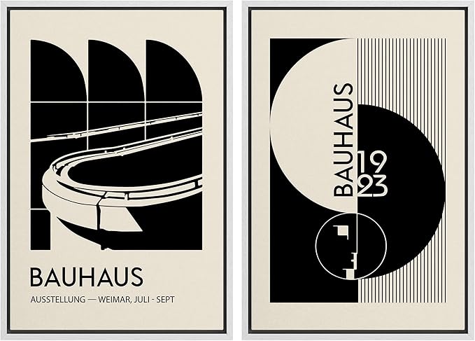 IDEA4WALL Framed Canvas Print Wall Art Set Bauhaus Geometric Black Architecture Circles Abstract Shapes Illustrations Modern Art Decorative for Living Room, Bedroom, Office - 24"x36"x2 White