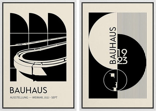 IDEA4WALL Framed Canvas Print Wall Art Set Bauhaus Geometric Black Architecture Circles Abstract Shapes Illustrations Modern Art Decorative for Living Room, Bedroom, Office - 24"x36"x2 White