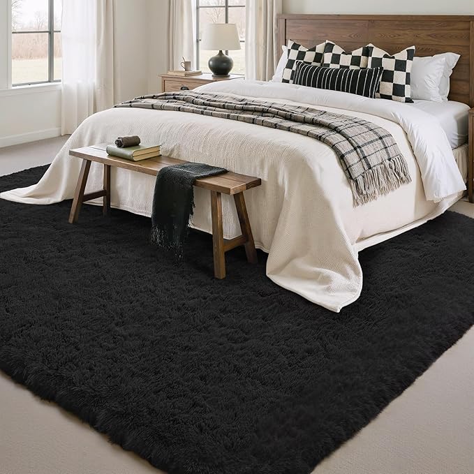 5x8 Area Rug for Living Room, Modern Black Super Shag Shaggy Soft Washable Indoor Fuzzy Carpet Non-Slip Fluffy Rugs for Bedroom Home Aesthetic Decor