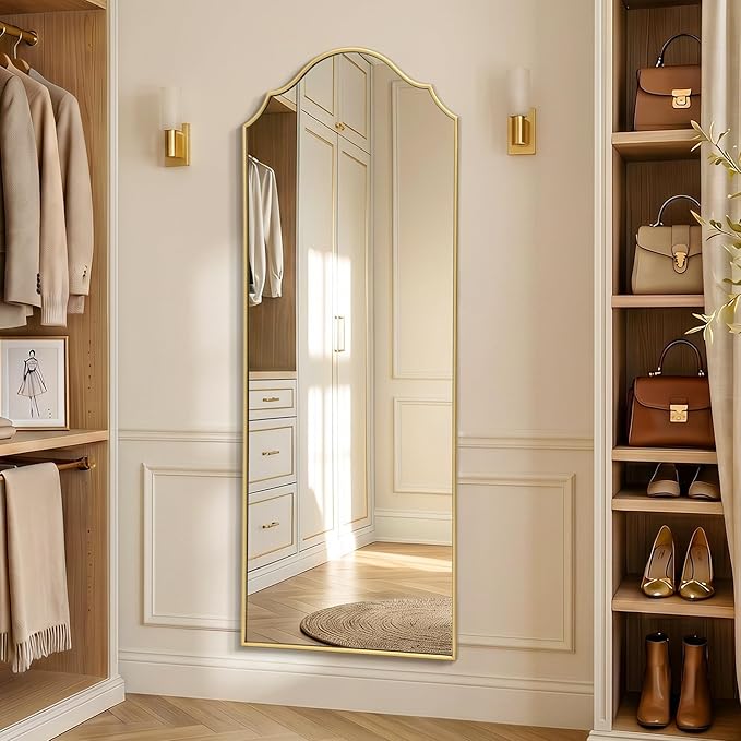 Besdomus Scalloped Full Length Mirror: 21"x56" Gold Arched Floor Mirror - Minimalist Modern Wooden Frame Body Long for Wall/Bedroom/Cloakroom/Entryway/Living Room - Home Decor for Housewife