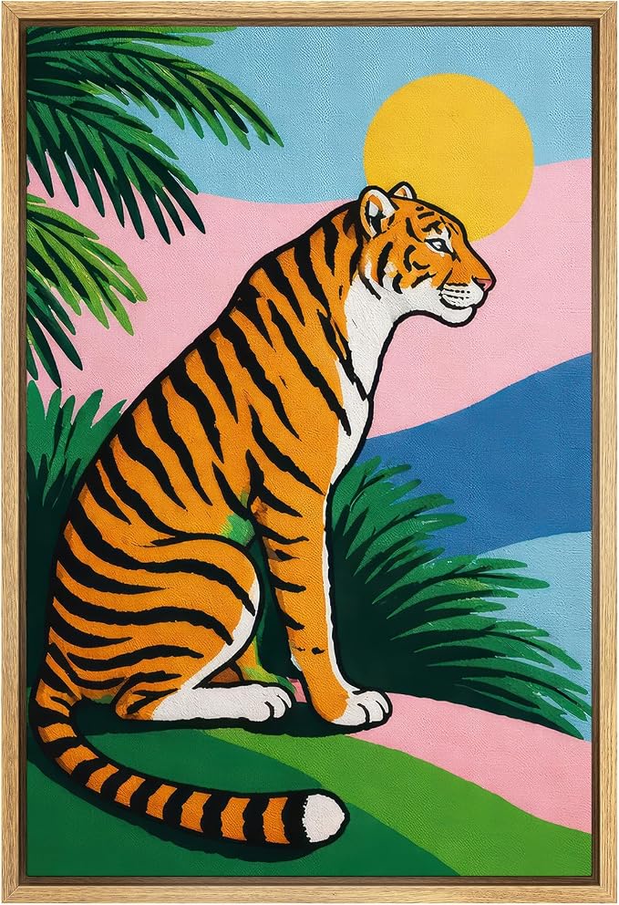 SIGNWIN Framed Canvas Print Wall Art Tropical Tiger with Palm Leaves Jungle Rustic Landscape Relax/Calm for Living Room, Bedroom, Office - 24"x36" Natural