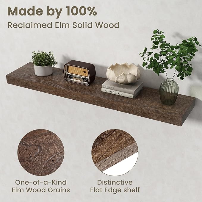 Fun Memories Solid Elm Wood Floating Shelves Set of 1-40 Inch Rustic Wall Shelves with Heavy-Duty Invisible Brackets - for Living Room, Kitchen, Bedroom, Bathroom - Walnut Finish