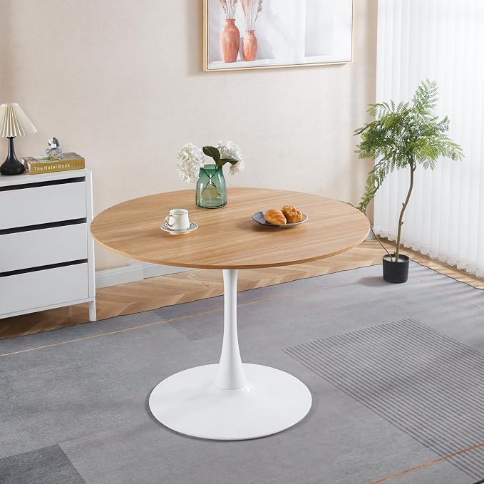 Round Dining Table, Modern Tulip Kitchen Table with Thickened Tabletop & Sturdy Pedestal Base, Tulip Shape Table for Small Places, Office, Cafe (Oak, 42.1 inches)