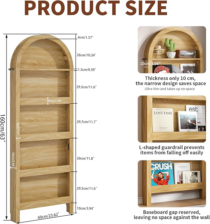 Narrow Tall Wall Mounted Bookshelf for Living Room Bedroom (Light Wood)