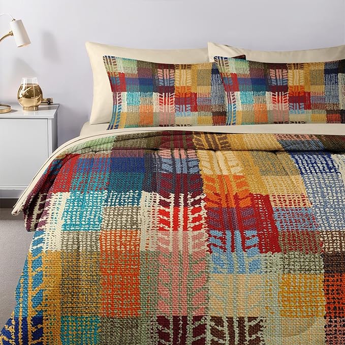 Nesker Comforter Set Full Size, Boho Vintage Geometric 7 Pcs Bedding for Kids and Adults, Painting Colorful African Bed Sheet Sets with Fitted Sheet 2 Pillowcases & 2 Shams