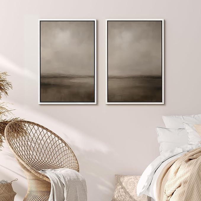MUDECOR Framed Canvas Print Wall Art Abstract Brown and Taupe Modern Minimalist Misty Landscape Illustrations Modern Art Decorative Bohemian for Living Room, Bedroom, Office - 16"x24"x2 White
