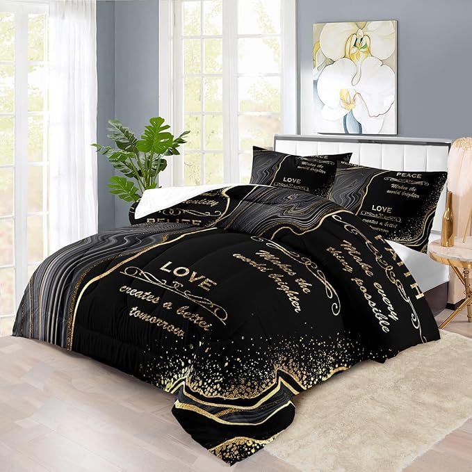 Black and Gold Comforter Set Full,Marble Comforter for Boys,Black and Gold Bedding Set Full,Marble Bedding for Girls,Goth Vintage Quilt Aldult,Goth Vintage Bedroom Decor