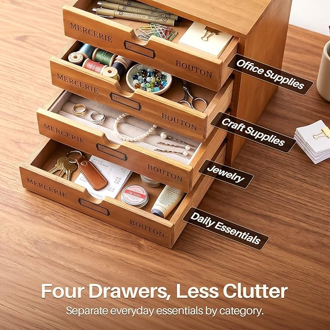 Flexzion Wood Desktop Organizer with Drawers, Desktop Storage Drawers Wood Cabinet, 4-Drawer Wooden Card Catalog Cabinet for Office, Crafts, Jewelry, Stationery, Vintage Brown