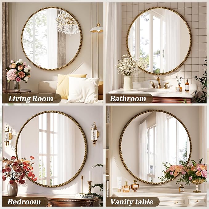 28 Inch Round Bathroom Mirror - Luxurious Retro Beaded Circle Decorative Wall Mirror with PU Frame Hanging Leaning as Art Decor for Entryway, Bedroom, Living Room, Hallway, Gold