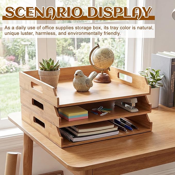 AceOrbit 3 Pcs Stackable Paper Tray Bamboo Wood Desk Organizer Letter Tray 3 Tier Wooden File Organizer Desk Shelf for Documents, Letter Sorter, Envelopes and Magazine Holder