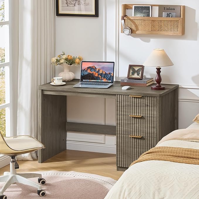 LEYAOYAO Office Desk 48" with 3 Drawers Storage File Cabinet Wood Fluted Desk for Computer Office Bedroom Home Furniture Grey