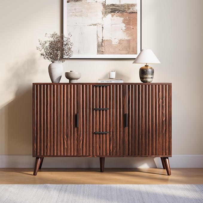 47.2" Fluted Sideboard Buffet Cabinet with 3 Drawers, Walnut Modern Buffet Cabinet with Storage, Large Storage Cabinets with 2 Doors Accent Credenza for Living Room|Kitchen|Entryway
