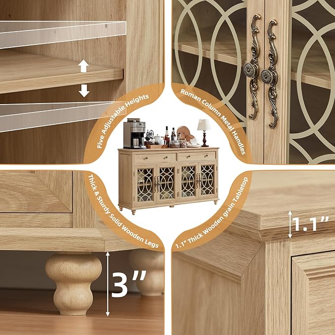 Farmhouse Sideboard Buffet Cabinet Set of 2 with Storage,59" Large Credenza with 4 Glass Door & 2 Drawers,Adjustable Shelves Console Table,Wood Kitchen Coffee Bar for Dining Room,Natural
