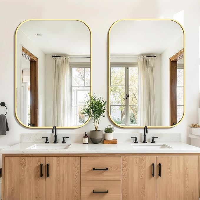 FICTOR Bathroom Vanity Mirror for Wall, 2 Pack 28" x 40" Rectangle Bathroom Mirror for Over Sink, Metal Framed, Hangs Horizontally or Vertically(Gold)