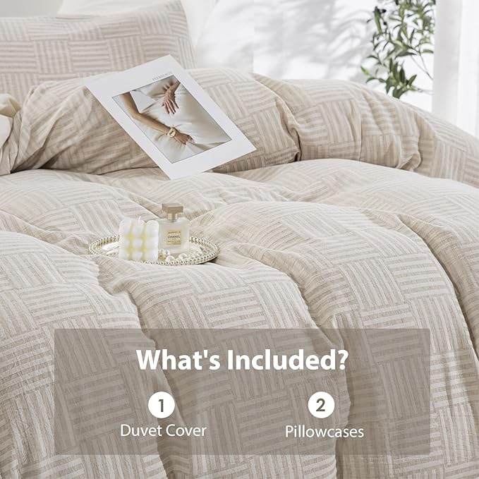 Beige Gingham Cotton Linen Duvet Cover Queen Size, Soft Lightweight Bedding Set for Hot Sleepers -1 Neutral Duvet Cover 90x90 Inches with Zipper Closure, 2 Pillowcases