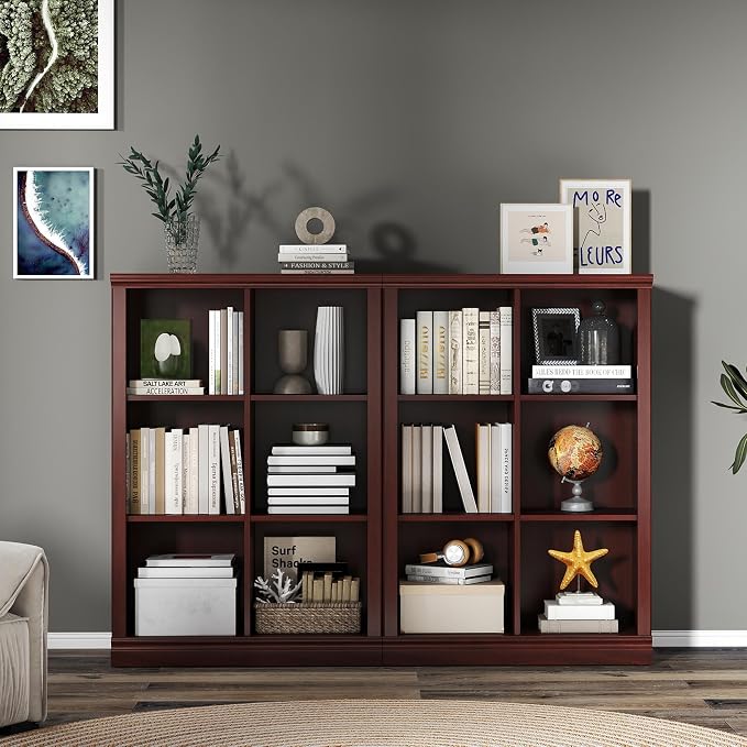 Bevfint Vertical 6-Cube Bookshelf - 3-Tier 6 Cube Storage Organizer, Open Bookcase and Book Shelves, 30 inch Width Wooden Book Case for Home Library Office, Mahogany