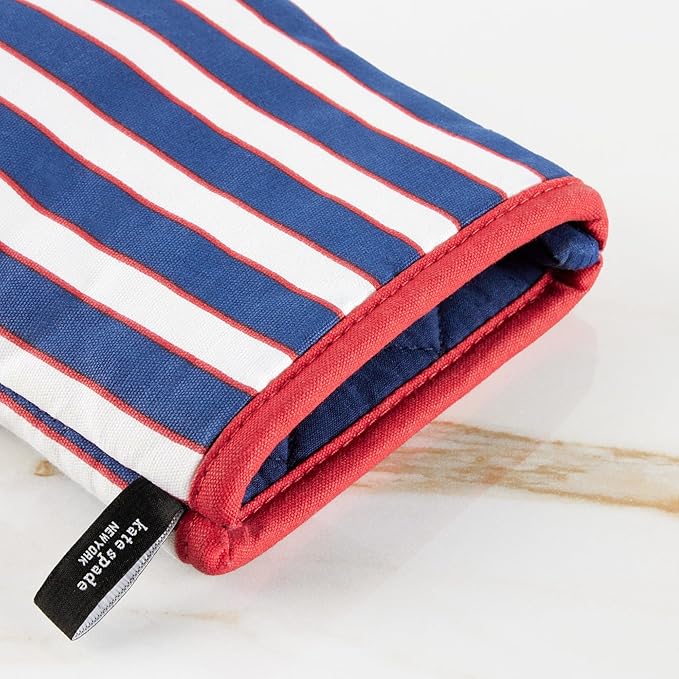 Kate Spade New York Botanical Stripe Mini Oven Mitt 2-Pack Set, 5.5" x 8", Navy Blue/Red