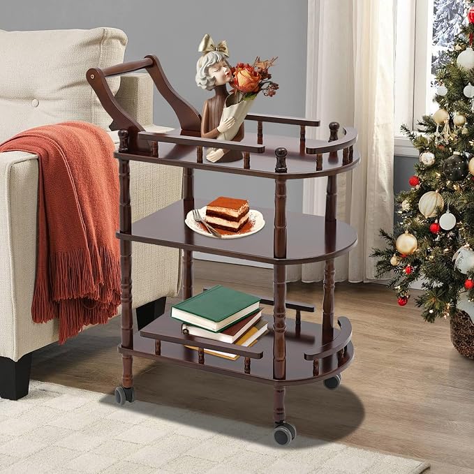 3 Tier Rolling Cart, Midcentury Modern Mobile Bar Cart Trolley, Service Cart with Wheels, for Home, Bar, Beauty Shop