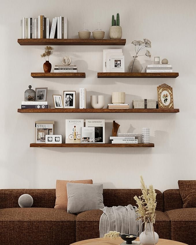 Axeman 24" Solid Wood Floating Shelves for Wall Decor, USA-Sourced Rustic Ash Wood Live Edge Shelf with Upgraded Heavy Invisible Bracket, Wall Mounted Shelf for Kitchen Bathroom Living Room, Walnut