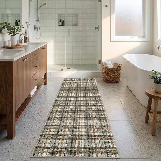 Washable Runners for Hallways 2x10 Rug Modern Bathroom Rugs Non Slip Kitchen Rugs Farmhouse Low Pile Entryway Rug Soft Stain Resistant Carpet for Laundry Hallway Bedside, 2'x10' Celadon&Coffee