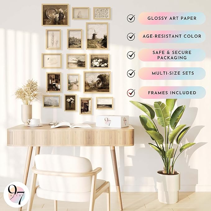 97 Decor Vintage 16PCS FRAMED Wall Art - Framed Vintage Wall Art Prints, Vintage Posters For Room Aesthetic, Lanscape Prints For Wall Decor, Moody Gallery Wall Pictures Botanical Paintings For Home Bedroom (BEIGE FRAME)