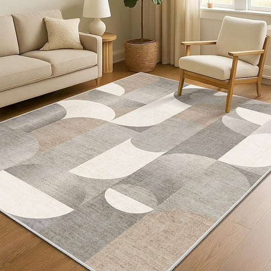 Beige Rug 4x6.5 Washable Area Rugs for Bedroom Living Room Kitchen Entryway Bedside,Small Modern Geometric Non Slip Carpet