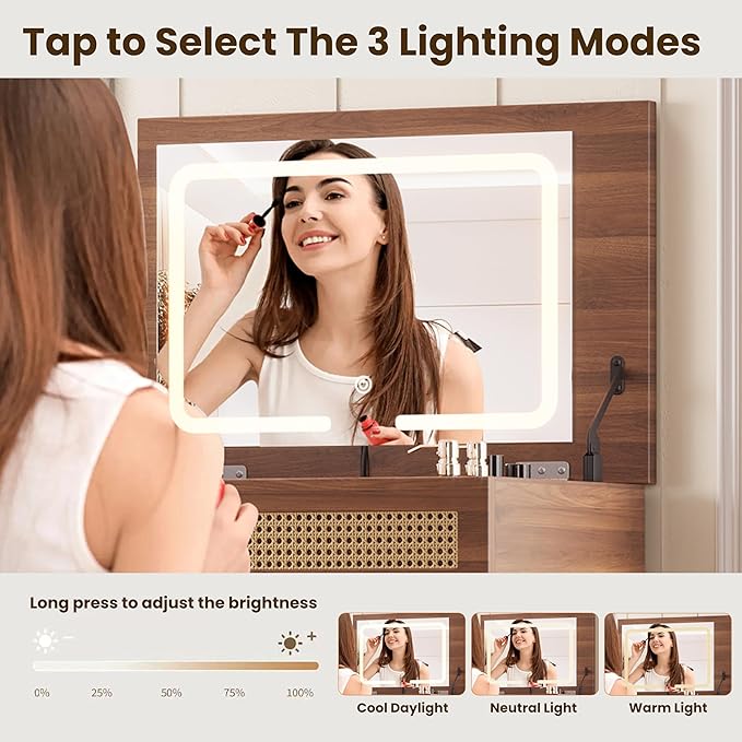 Mid-Century Modern Vanity Desk with Flip-Top Mirror and Lights 39" Brown Makeup Vanity Table with 3 Drawers 10 Compartments Wooden Legs Stool Retro Rattan Vanity Set for Girls,Walnut