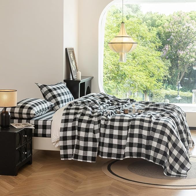 EVERLY Linen Sheets Set Twin Size,100% French Stonewash Pure Linen Sheets Set,4Pieces (1Flat Sheet,1Fitted Sheet,2Pillowcase) Suitable for Hot Sleepers,Deep Pocket Natural Bedding Set-Black Plaid