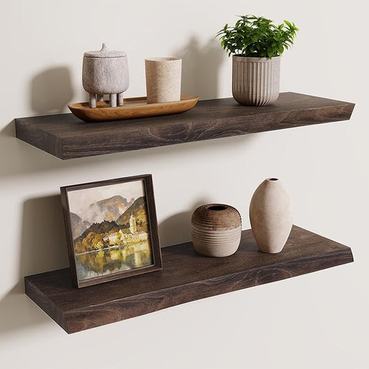 Axeman 24 inch Floating Shelves for Wall - 8'' D Live Edge Rustic Solid Elm Wood Floating Shelves Wall Mounted, Wall Shelves with Invisible Bracket for Living Room Bedroom Kitchen, Set of 2 Walnut