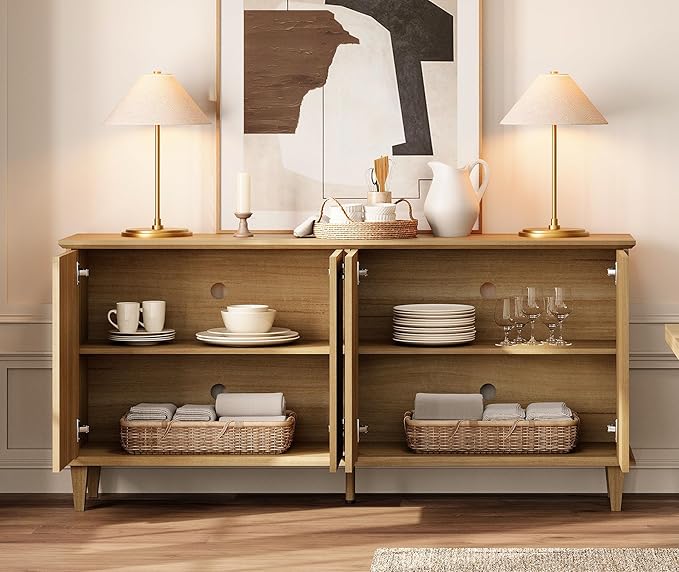 WAMPAT 65-inch Handcrafted Patchwork Decorative Buffet Cabinet with Pop-Up Design Doors,Full Unit Modern Modern Farmhouse Accent Credenza for Coffee Bar, Kitchen, and Living Room, Natural Oak