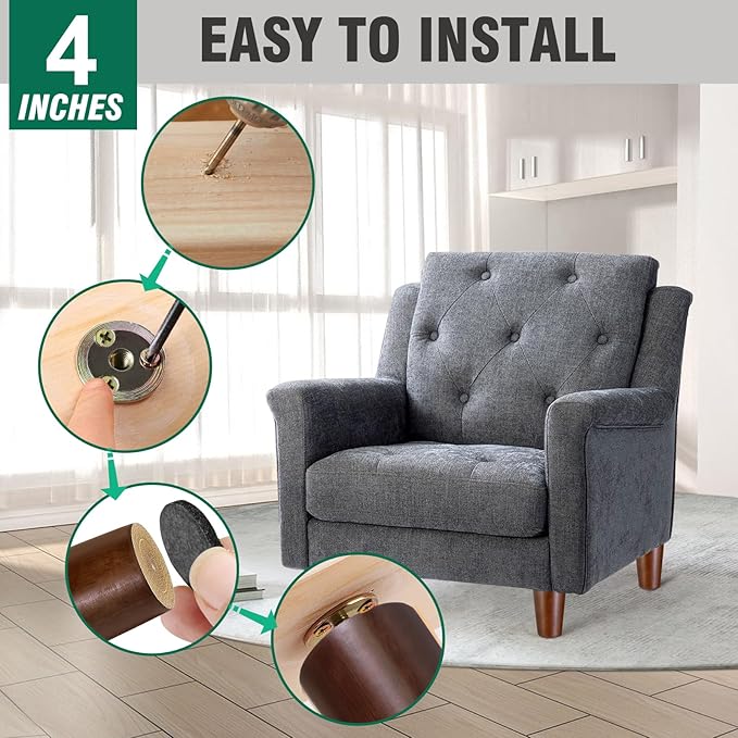 FoDau770 Brown Rubber Wood Furniture Legs 4 Inches, Straight Tapered Wood Feet Mid Century Sofa Legs Set of 4, 5/16" UNC Furniture Feet for Cabinet Couch Dresser Chair Ottoman Table