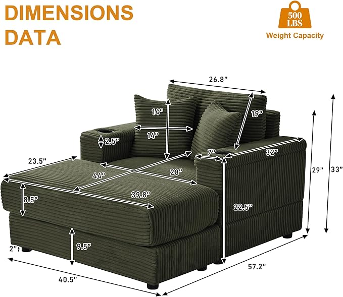 Oversized Chaise Lounge Chair Indoor with Adjustable Backrest, USB, Cup Holder & Ottoman, Firm Solid Wood Frame with Long Service Life Corduroy Oversized Lounge Reading Chair for Study Room - Green