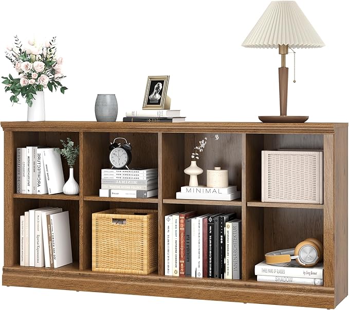 Bevfint 8 Cube Storage Organizer Bookcase - 2 Tiers 8 Storage Cube Adjustable Space Book Case, Display Cabinet Organizer, 54.7 inch Width Horizontal Bookshelf for Home Library Office, Vintage Oak