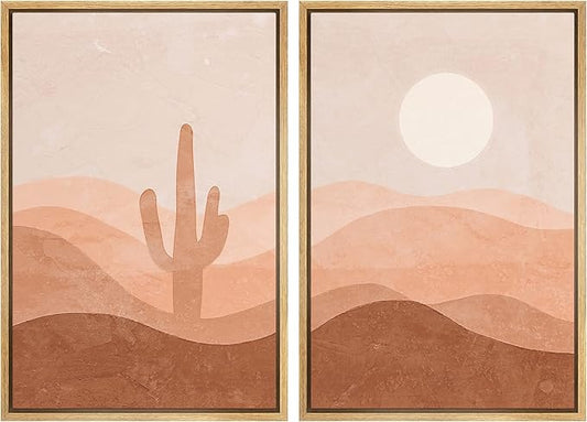 IDEA4WALL Framed Wall Art Print Set Cactus Shining Sun Desert Valley Landscape Wilderness Nature Modern Art Boho Graphic Colorful Chic for Living Room, Bedroom, Office - 16"x24"x2 Natural