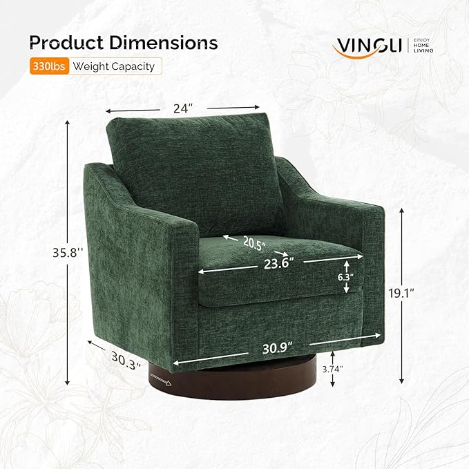 VINGLI Mid-Century Modern Swivel Accent Chairs Set of 2, 360°Upholstered Armchairs, Home Sofa with Track Arms for Living Room, Bedroom, Reading Room, Club Swivel Chairs, Chenille Green