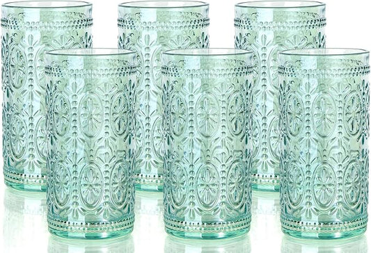 Darlion 6 Pack Highball Embossed Beverage Glass Cup, 12oz Green Glassware Drinking, Vintage Drinking Glasses, Colored Water Glasses for Party Wedding Home Office and Gift