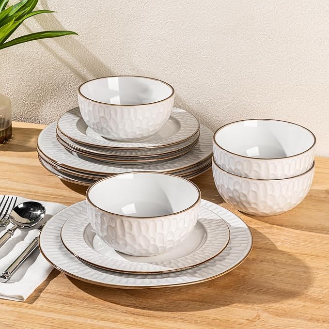 GBHOME Ceramic Dinnerware Sets,12 pcs Embossed Elegant Stoneware Plates and Bowls Sets, Housewarming Wedding Gift | Dishwasher & Microwave Safe | Dishes Set Service for 4