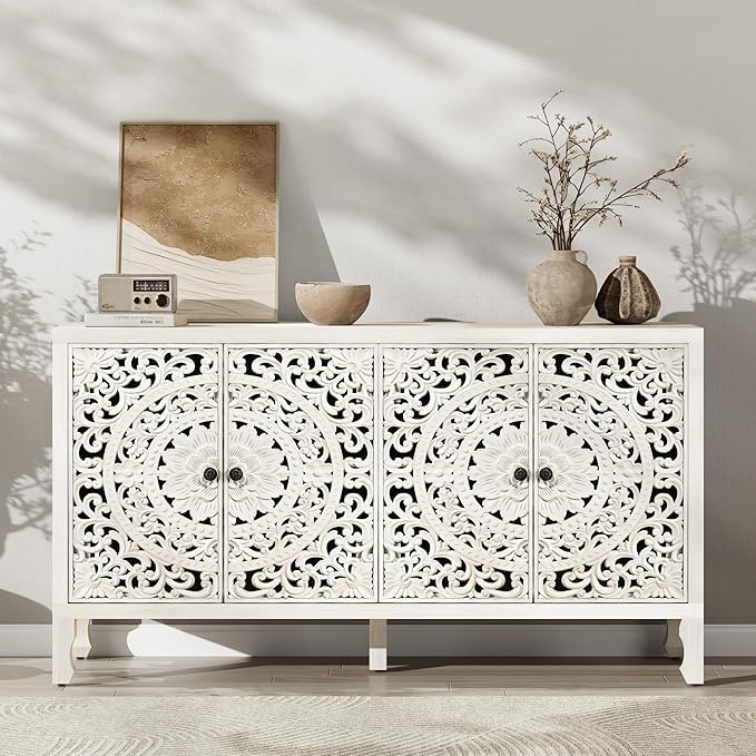 Buffet Cabinet with Storage, Accent Cabinet with 4 Carved Doors, Solid Wood Sideboard with Adjustable Shelf, White Vintage Cabinets for Kitchen, Living Room, Entryway