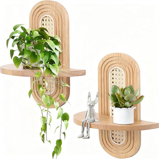 Floating Shelves for Wall, Boho Home Wall Decor,Rattan Plant Shelf Set of 2, Mid Century Small Decorative Shelf, Natural Wood Shelves for Living Room,Bedroom,House,Office (Natural)