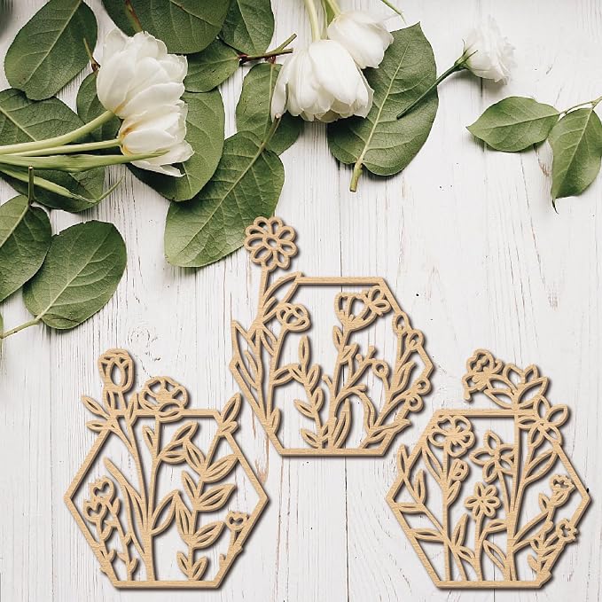 CREATCABIN 3Pcs Flowers Wood Wall Decor Wooden Black Wall Art Decoration Hanging Set Hollowing Out Hexagon Flower Sculpture Laser Cut Wooden Sign Ornament for Home Bedroom Gallery Office 11.8x13.8Inch