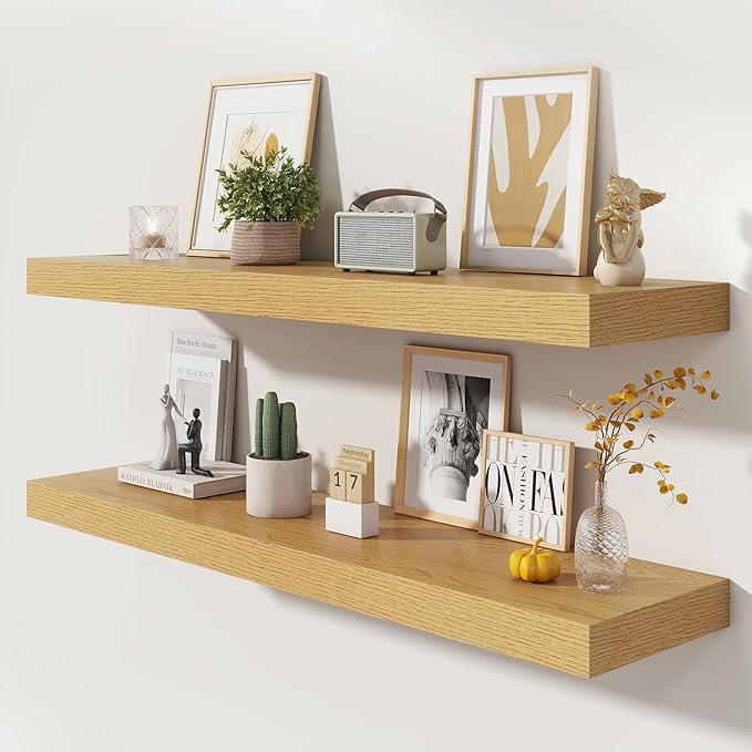 48 Inch Floating Shelves | 12 Inch Deep Oak Floating Shelves Set of 2 | 48" W x 12" D Oak Wall Shelves for Bathroom Living Room Kitchen Laundry Room