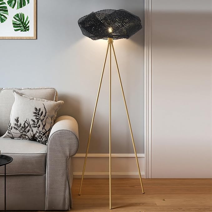 Handwoven Tripod Floor Lamp, Boho Bamboo Woven Lotus Shade Tall Standing Lamp, Black Metal Base for Living Room Bedroom Entryway, E26 Socket (Black)