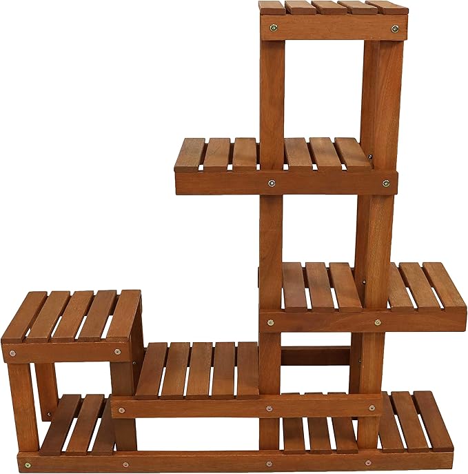 Sunnydaze 36-Inch Meranti Wood Indoor/Outdoor Multi-Tiered Plant Stand with Teak Oil Finish
