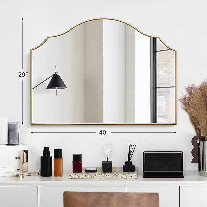 Besdomus Gold Scalloped Wall Mirror: 40"x29" Large Modern Minimalist Bathroom Mirror - Decorative Vanity Arched for Dresser/Entryway/Fireplace/Mantle/Living Room - Home Decor for Housewife