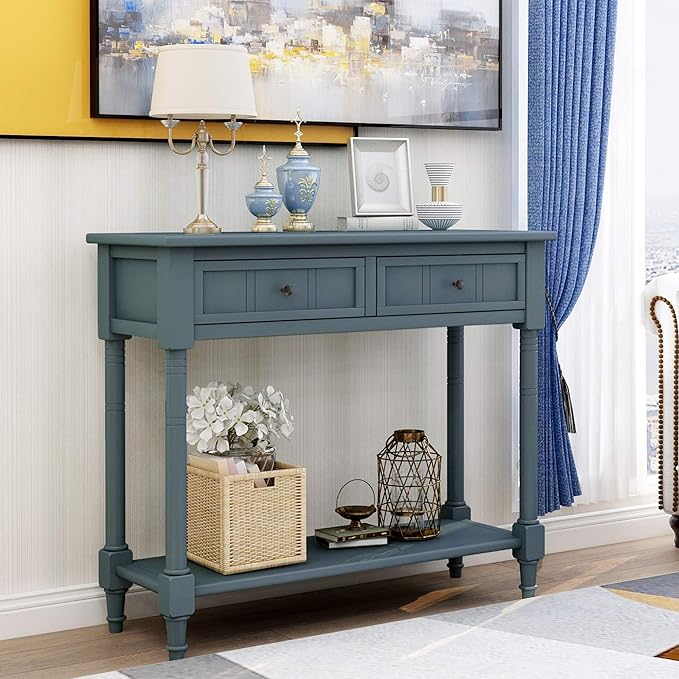 SOFTSEA 35.43” Antique Entry Console Table with Drawers & Bottom Open Shelf, Rustic Entryway Table with Storage, Save Space, Solid Wood Sofa Couch Table for Entryway, Navy