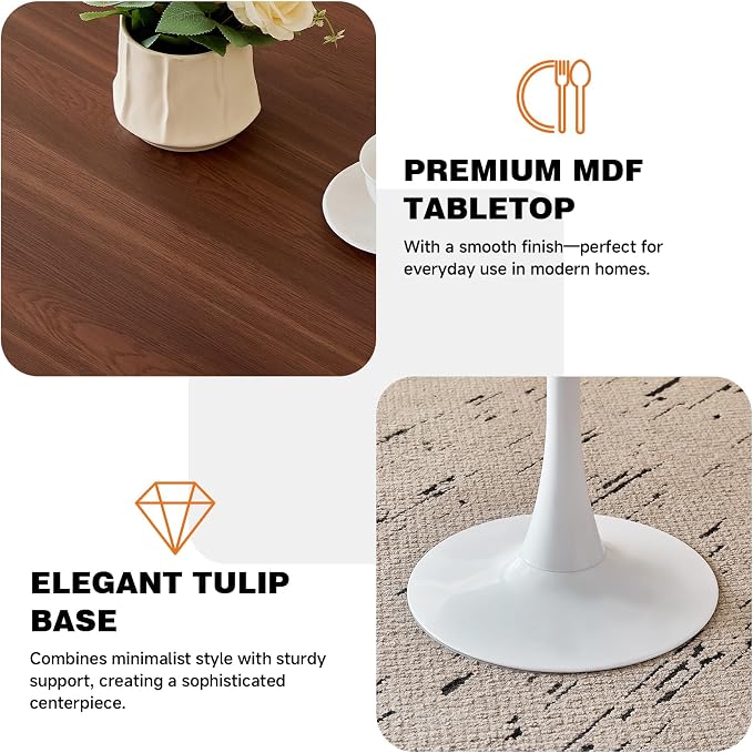 31.5" Round Dining Table for 2-4 Modern Circle Tulip Table with Metal White Tulip Pedestal Base for Kitchen Dining Living Room Apartment Small Space Cafe, Brown