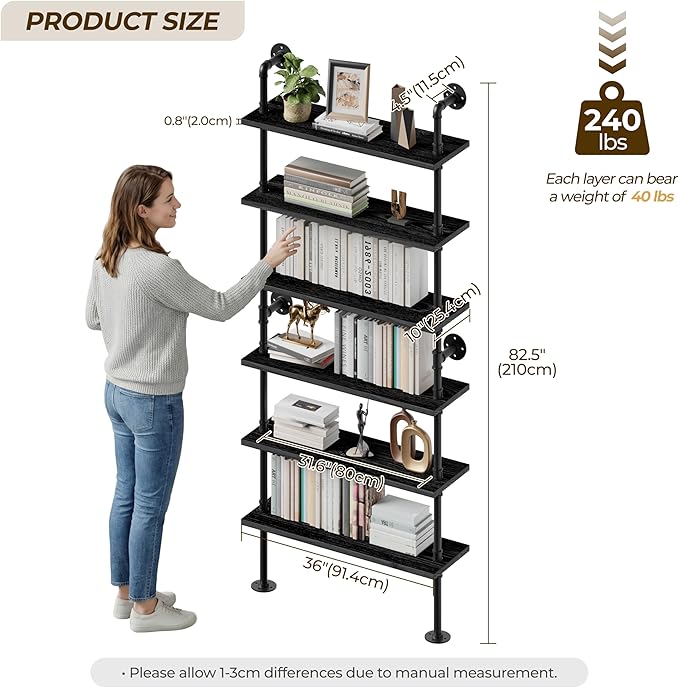 6 Tier Industrial Ladder Shelf Bookcase, Wall Mounted Rustic Bookshelf for Living Room Decor and Storage (Black, 6 Tier - 10" D x 36" W x 82.5" H)